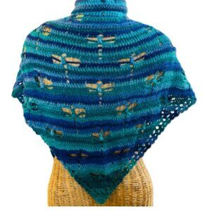 Crochet Shawl Cowl Wrap Dragonfly Cut Outs Blue Green 68" x 33" Acrylic Handmade